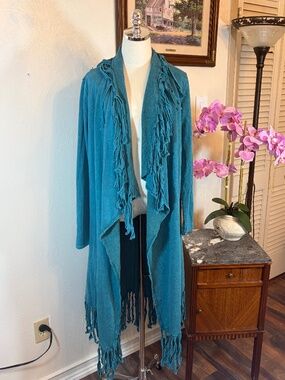 NWT Blue Buttercup Mineral Wash Turquoise Fringe Duster Cardigan Small Boho West